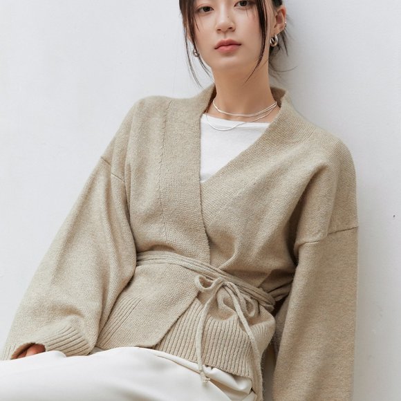 Brand new Drop Shoulder Belted Cardigan Apricot - Picture 7 of 8